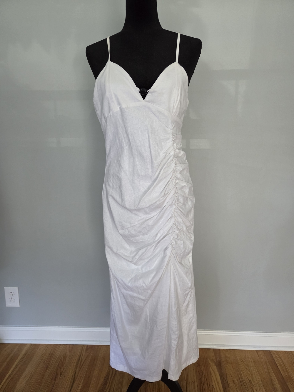 Zara White Ruched Spaghetti-Strap Maxi Dress